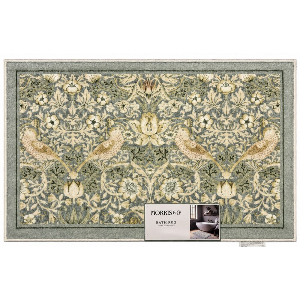 Morris & Co Strawberry Thief Bathmat Green Floral Memory Foam Non-Skid Washable